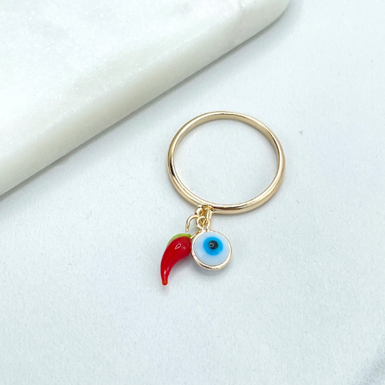 18k Gold Filled Dangle Evil Eyes and Red Chili Charms Lucky Protection Tiny Band Ring, Wholesale