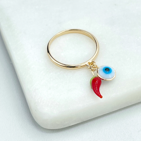 18k Gold Filled Dangle Evil Eyes and Red Chili Charms Lucky Protection Tiny Band Ring, Wholesale