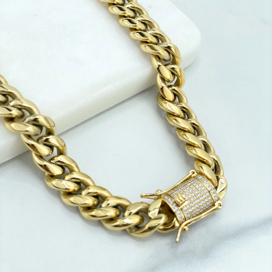 14k Gold Filled Miami Cuban Link 12mm Unisex Chain Featuring Micro Pave Cubic Zirconia Double Safe Box Lock Clasp, Wholesale