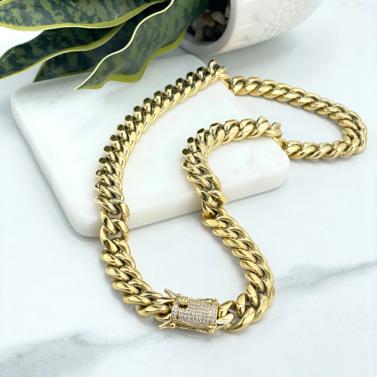 14k Gold Filled Miami Cuban Link 12mm Unisex Chain Featuring Micro Pave Cubic Zirconia Double Safe Box Lock Clasp, Wholesale