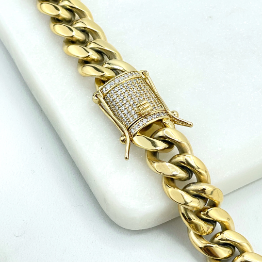 14k Gold Filled Miami Cuban Link 12mm Unisex Chain Featuring Micro Pave Cubic Zirconia Double Safe Box Lock Clasp, Wholesale