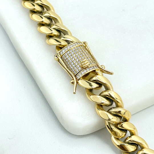14k Gold Filled Miami Cuban Link 12mm Unisex Chain Featuring Micro Pave  Cubic Zirconia Double Safe Box Lock Clasp, Wholesale