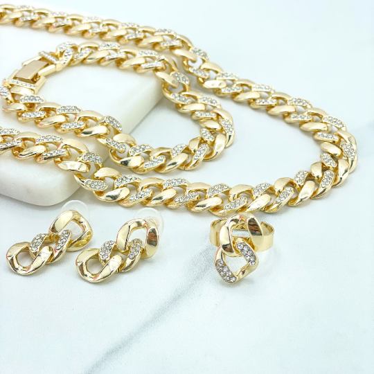 14k Gold Filled 13mm Iced Clear Cubic Zirconia Curb Link Chain Set, Bracelet, Earrings & Adjustable Ring, Wholesale