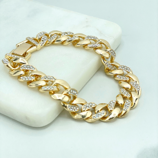 14k Gold Filled 13mm Iced Clear Cubic Zirconia Curb Link Chain Set, Bracelet, Earrings & Adjustable Ring, Wholesale