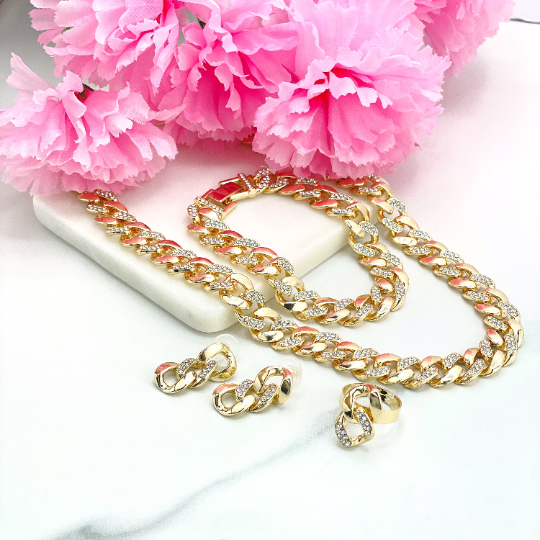 14k Gold Filled 13mm Iced Clear Cubic Zirconia Curb Link Chain Set, Bracelet, Earrings & Adjustable Ring, Wholesale