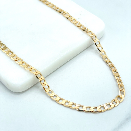 18k Gold Filled 5mm Polished Flat Curb Link, Cuban Link Chain, 24 Inches Long, Classic Jewel, Wholesale