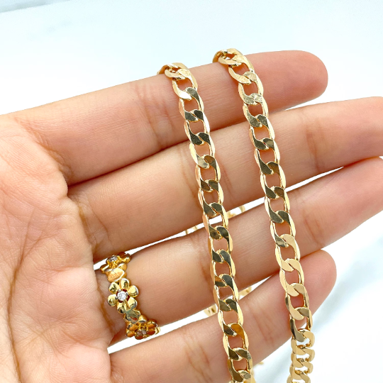 18k Gold Filled 5mm Polished Flat Curb Link, Cuban Link Chain, 24 Inches Long, Classic Jewel, Wholesale
