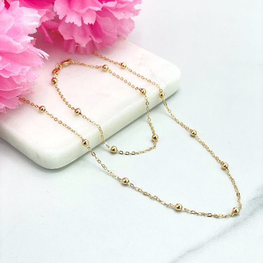 18k Gold Filled 1mm Rolo Chain & 3mm Gold Beads Chain or Bracelet, Satellite Chain Classic Style