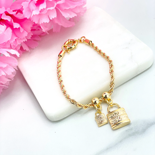 18k Gold Filled 4mm Rope Chain Bracelet, Large & Small Locks Berloques Charms, Cross Printed, Spring Ring Claps, Wholesale