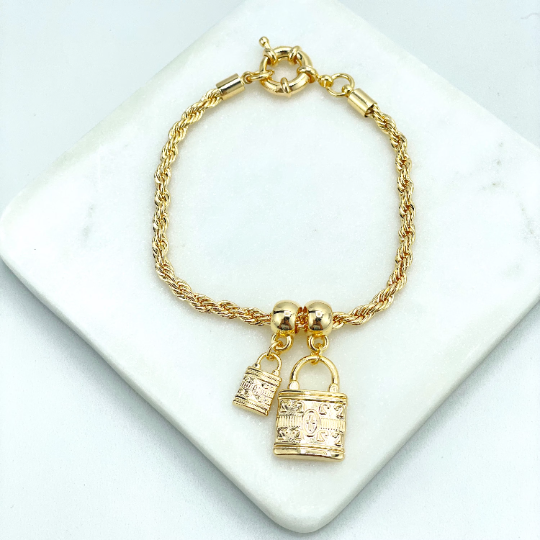 18k Gold Filled 4mm Rope Chain Bracelet, Large & Small Locks Berloques Charms, Cross Printed, Spring Ring Claps, Wholesale