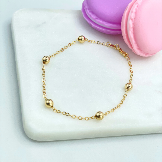 18k Gold Filled 1mm Rolo Chain & 3mm Gold Beads Linked Chain Bracelet, Satellite Chain Classic Style, Wholesale