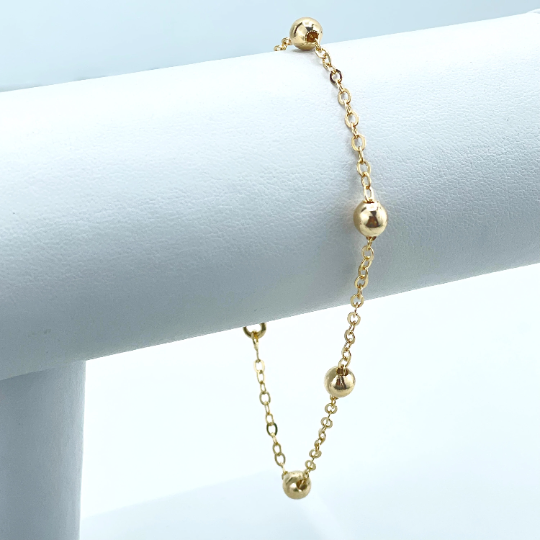 18k Gold Filled 1mm Rolo Chain & 3mm Gold Beads Linked Chain Bracelet, Satellite Chain Classic Style, Wholesale