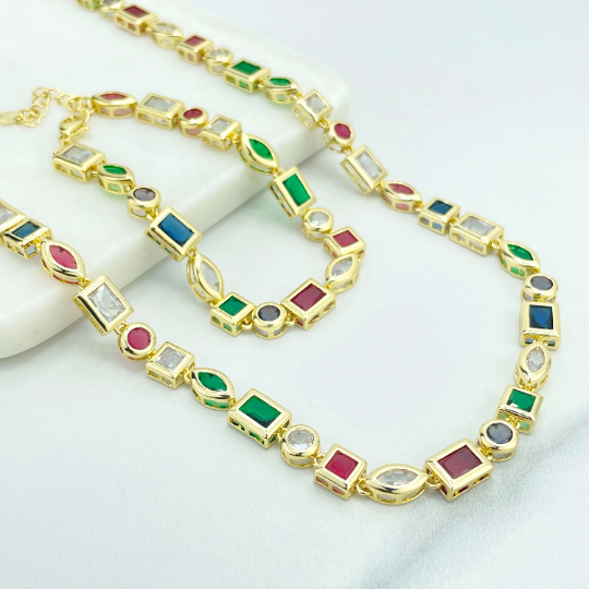 18k Gold Filled Geometric Multicolor Baguette Necklace & Bracelet, Rainbow Tennis, Colorful Chain Set, Wholesale