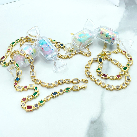 18k Gold Filled Geometric Multicolor Baguette Necklace & Bracelet, Rainbow Tennis, Colorful Chain Set, Wholesale