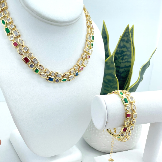 18k Gold Filled Geometric Multicolor Baguette Necklace & Bracelet, Rainbow Tennis, Colorful Chain Set, Wholesale