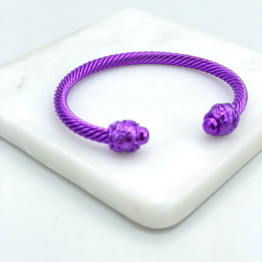 18k Gold Filled Colored Enamel Purple, Green or Blue, Twisted Cuff Bangle Bracelet, Wholesale