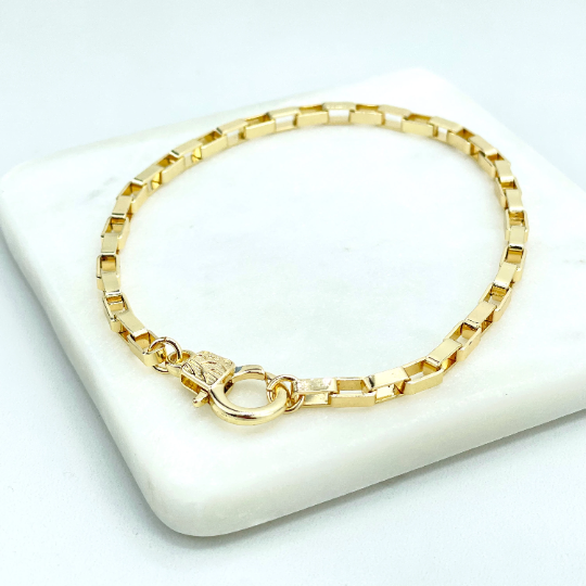 18k Gold Filled 4mm Box Chain Style & Large Lobster Claw Linked Anklet, Wholesale