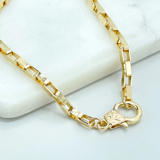 18k Gold Filled 4mm Box Chain Style & Large Lobster Claw Linked Anklet, Wholesale