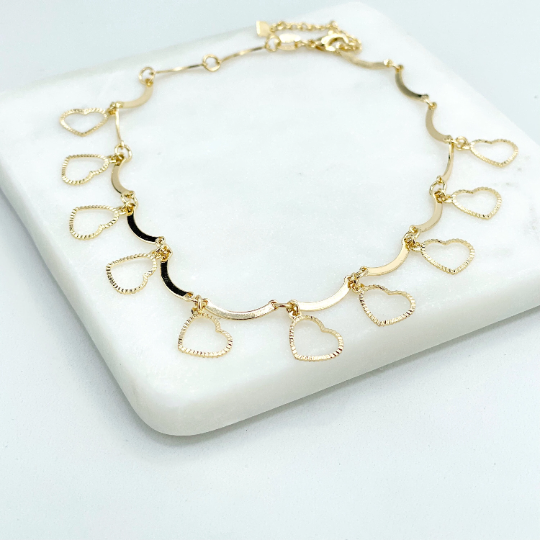 18k Gold Filled 2mm Specialty Chains with Dangle Cutout Hearts Linked Anklet, Wholesale