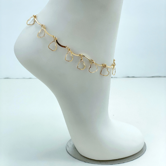 18k Gold Filled 2mm Specialty Chains with Dangle Cutout Hearts Linked Anklet, Wholesale