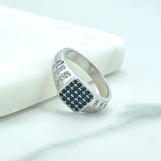 925 Sterling Silver, Band Men's Square Black Cubic Zirconia & Clear CZ Sides Rings, Stamped 925, Wholesale