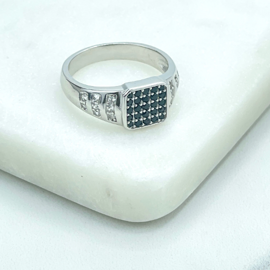 925 Sterling Silver, Band Men's Square Black Cubic Zirconia & Clear CZ Sides Rings, Stamped 925, Wholesale