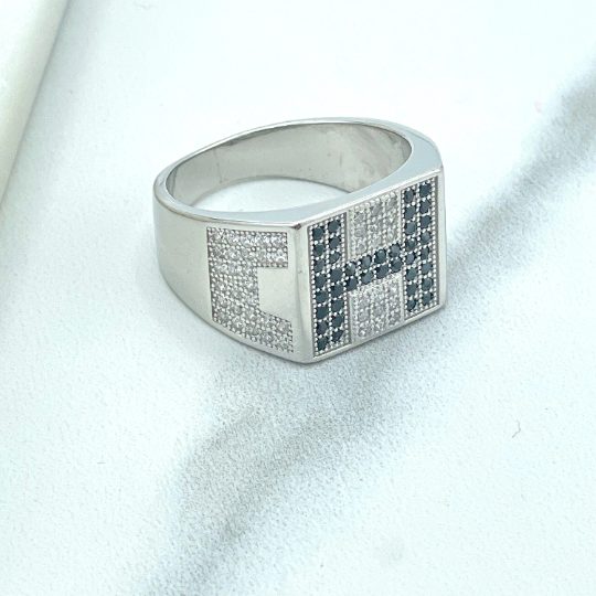 925 Sterling Silver, Band Men's Square "H" Black Micro Cubic Zirconia & Clear CZ Sides Rings, Stamped 925, Wholesale