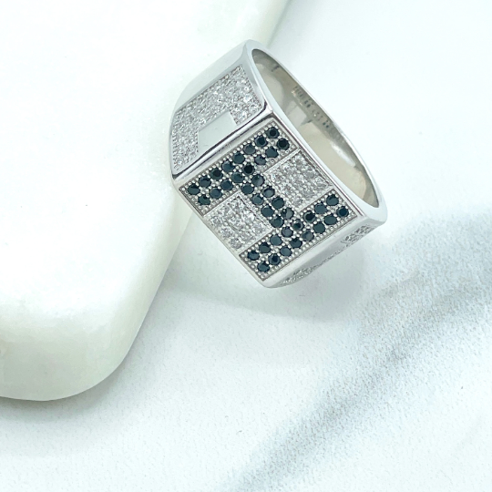 925 Sterling Silver, Band Men's Square "H" Black Micro Cubic Zirconia & Clear CZ Sides Rings, Stamped 925, Wholesale