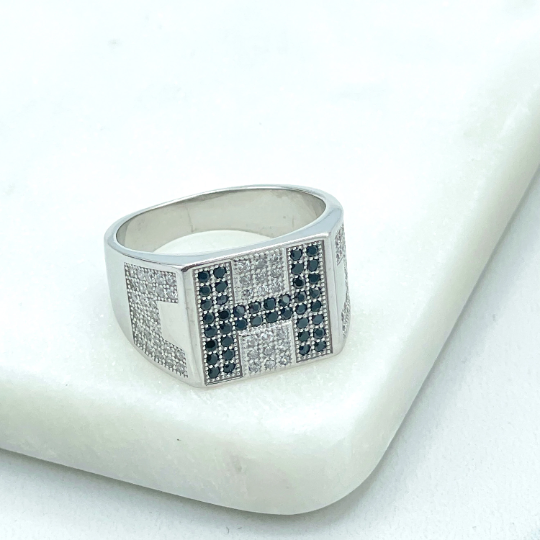 925 Sterling Silver, Band Men's Square "H" Black Micro Cubic Zirconia & Clear CZ Sides Rings, Stamped 925, Wholesale
