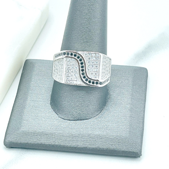 925 Sterling Silver, Band Men's Square Shape Black Line Micro Cubic Zirconia & Clear Micro CZ Rings, Stamped 925, Wholesale