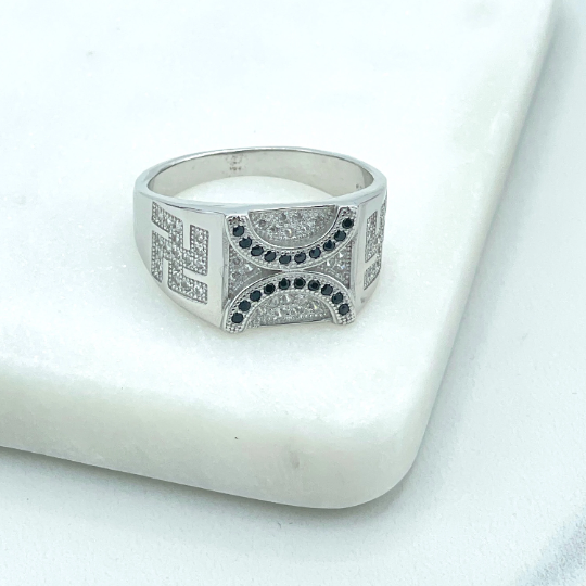925 Sterling Silver, Band Men's Square Shape Black Line Micro Cubic Zirconia & Clear Micro CZ Rings, Stamped 925, Wholesale