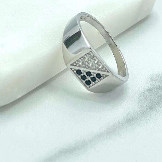 925 Sterling Silver, Band Men's Front Square Shape Black and Clear Cubic Zirconia Ring, Stamped 925, Wholesale