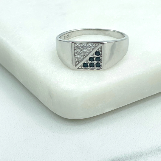 925 Sterling Silver, Band Men's Front Square Shape Black and Clear Cubic Zirconia Ring, Stamped 925, Wholesale