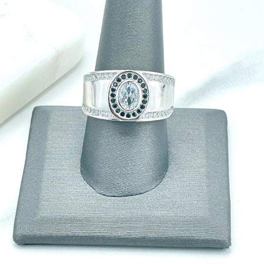925 Sterling Silver, Band Men's Round Front Shape Black Micro Cubic Zirconia & Clear CZ Ring, Stamped 925, Wholesale