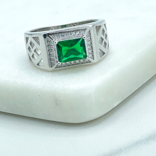 925 Sterling Silver, Band Men's Square Shape Simulated Emerald Cut, Green & White CZ Solid Rings, Stamped 925