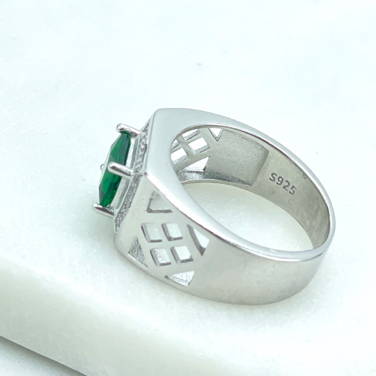 925 Sterling Silver, Band Men's Square Shape Simulated Emerald Cut, Green & White CZ Solid Rings, Stamped 925
