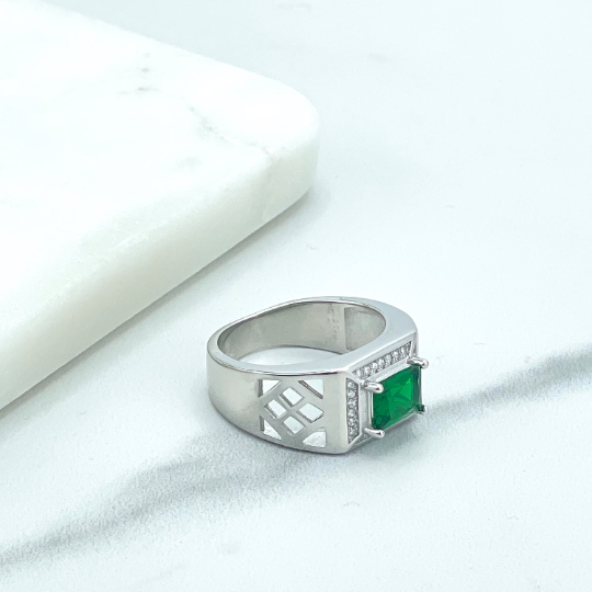 925 Sterling Silver, Band Men's Square Shape Simulated Emerald Cut, Green & White CZ Solid Rings, Stamped 925, Wholesale