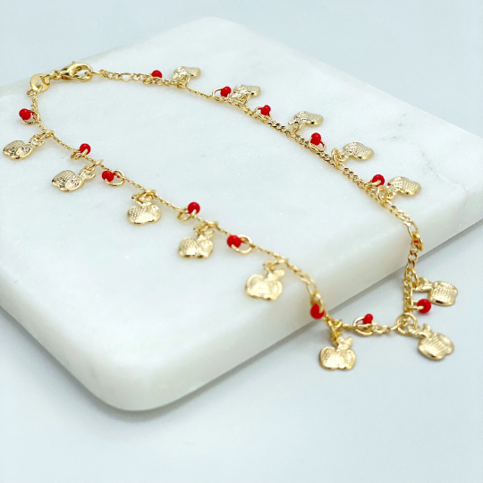 18k Gold Filled 1mm Figaro Chain with Dangles Texturized Apples & Red Beads Anklet