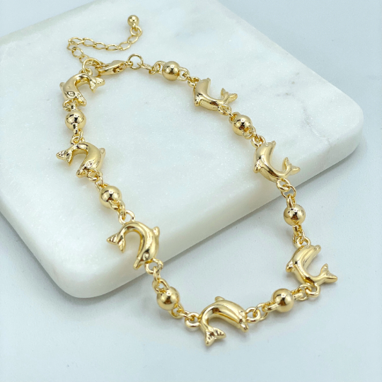 18k Gold Filled Puffed 3D Dolphins and Gold Beads Linked Chain Anklet