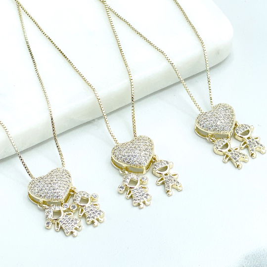18k Gold Filled 1mm Box Chain, Micro Pave Cubic Zirconia Dangle Heart and 02 Child