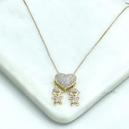 18k Gold Filled 1mm Box Chain, Micro Pave Cubic Zirconia Dangle Heart and 02 Child , Wholesale