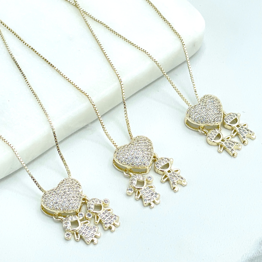 18k Gold Filled 1mm Box Chain, Micro Pave Cubic Zirconia Dangle Heart and 02 Child , Wholesale