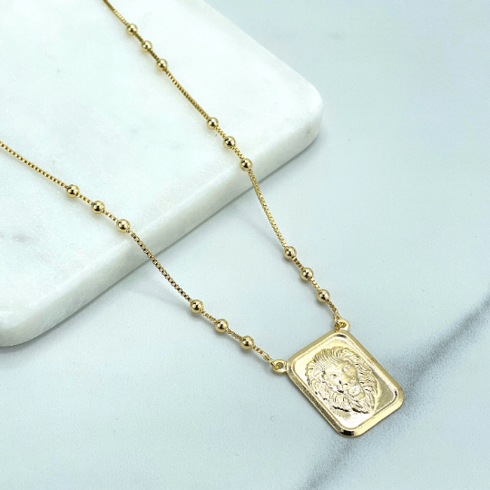 18k Gold Filled 1mm Box Chain with Gold Beads and Rectangular Medal & Printed Lion Head Charm Necklace