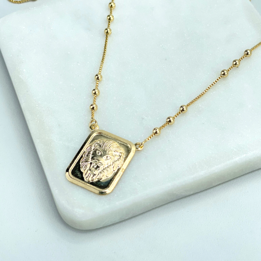 18k Gold Filled 1mm Box Chain with Gold Beads and Rectangular Medal & Printed Lion Head Charm Necklace