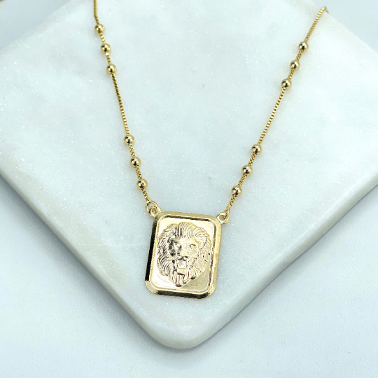 18k Gold Filled 1mm Box Chain with Gold Beads and Rectangular Medal & Printed Lion Head Charm Necklace, Wholesale