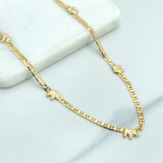 18k Gold Filled 3mm Mariner Link Chain Style Linked with Elephants Necklace, Speciality Chain