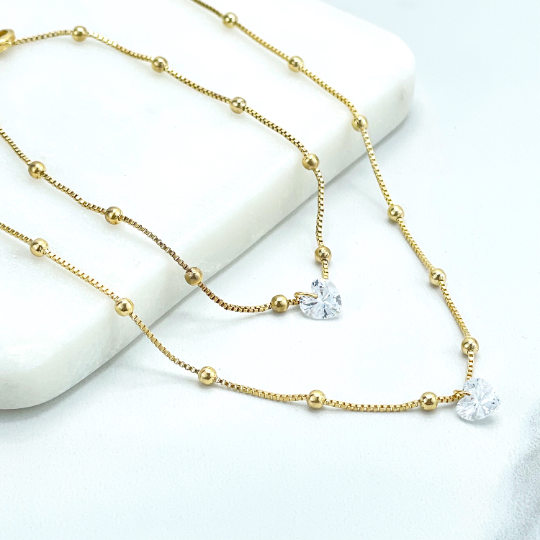 18k Gold Filled 1mm Satellite Chain with Extender & Cubic Zirconia Heart Shape Charm Necklace or Bracelet, Wholesale