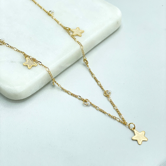 18k Gold Filled 1mm Figaro Chain with Dangle Texturized Stars & Simulated Pearls Linked Necklace, Wholesale