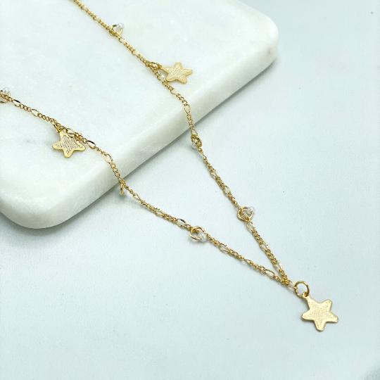 18k Gold Filled 1mm Figaro Chain with Dangle Texturized Stars & Simulated Pearls Linked Necklace