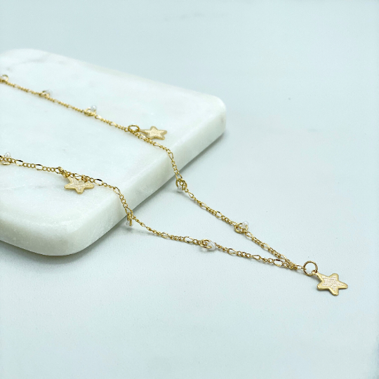 18k Gold Filled 1mm Figaro Chain with Dangle Texturized Stars & Simulated Pearls Linked Necklace, Wholesale